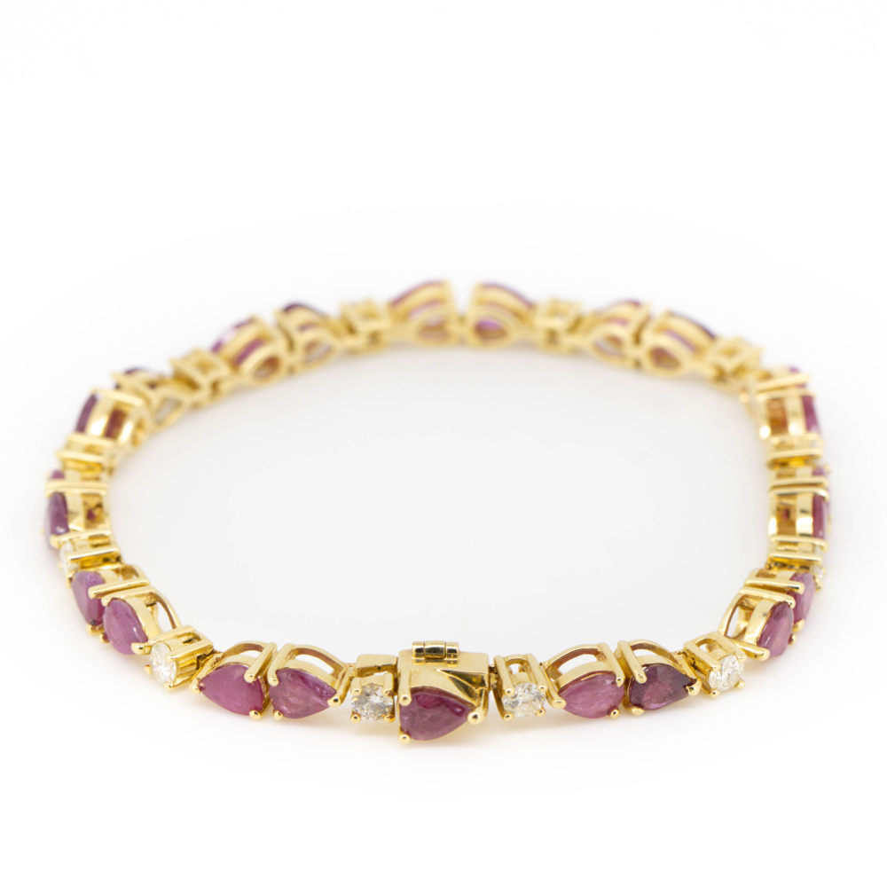 Yellow Gold Pear Cut Ruby and Diamond Line Bracelet