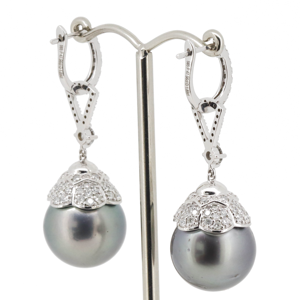 Yellow Gold Black Cultured Tahitian Pearl & Diamond Earrings