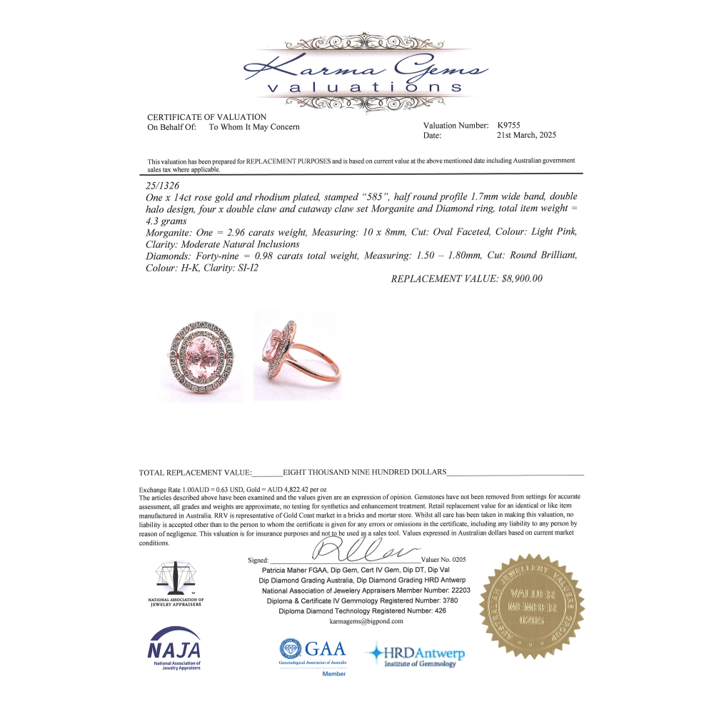 2.96ct Oval Rose Gold Morganite and Diamond Double Halo Ring