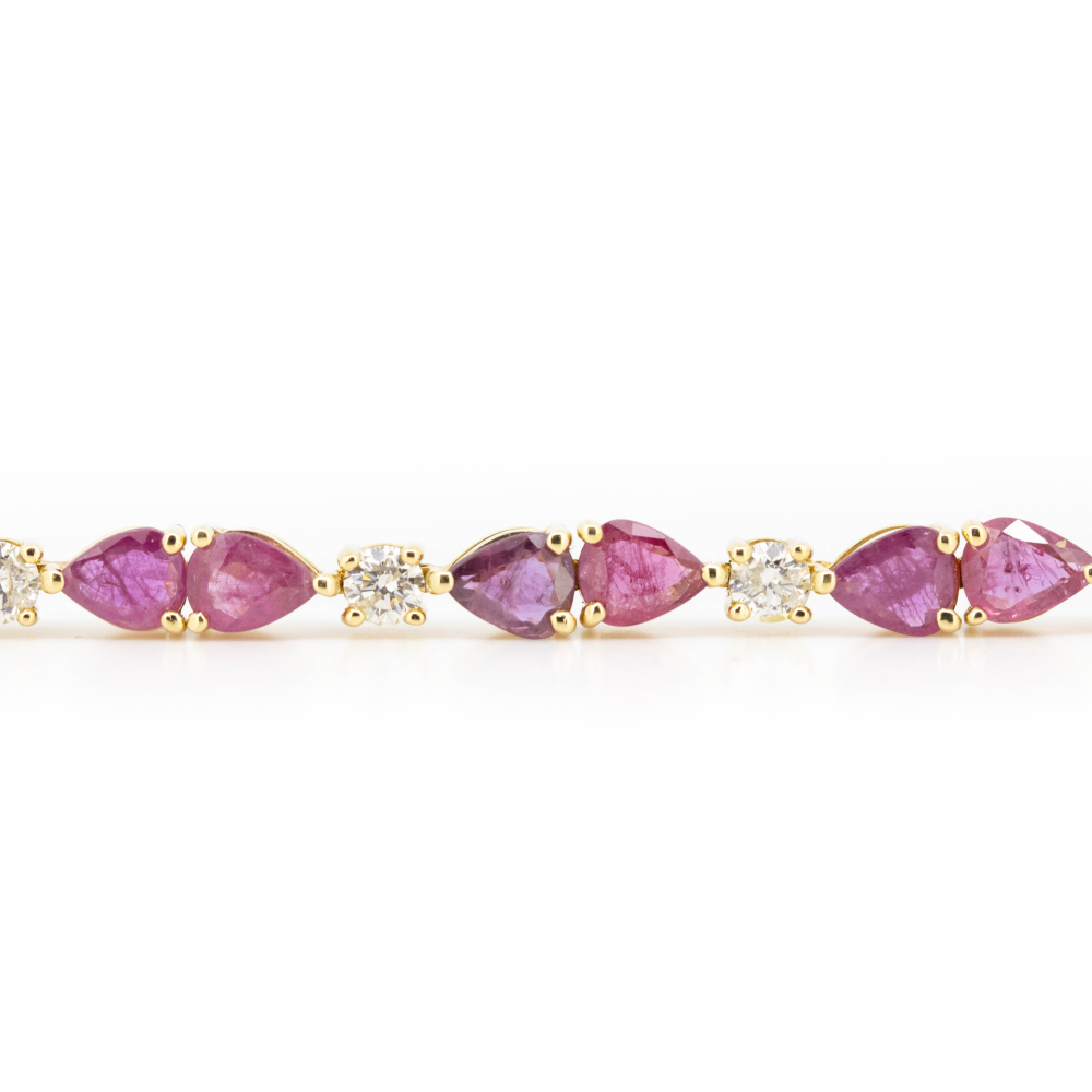 Yellow Gold Pear Cut Ruby and Diamond Line Bracelet