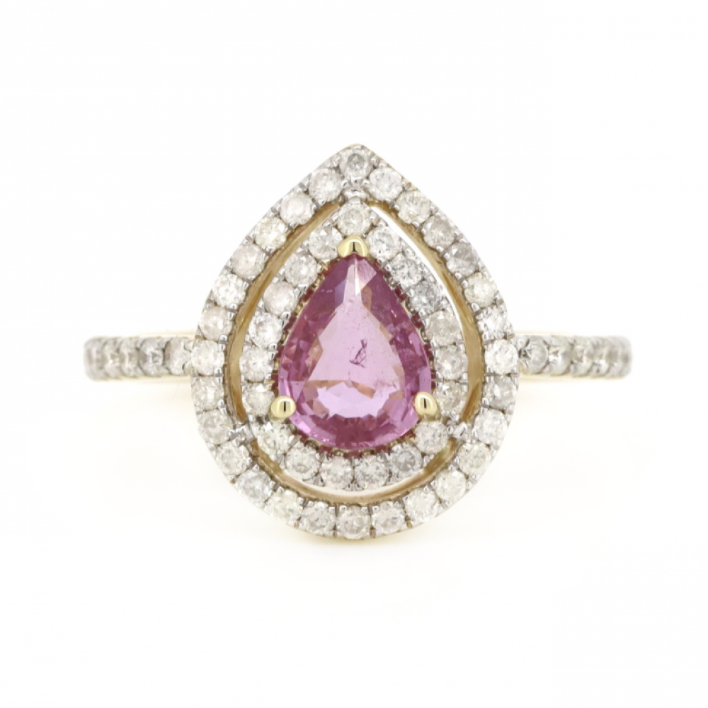 Pear Cut Pink Sapphire & Diamond Double Halo Ring
