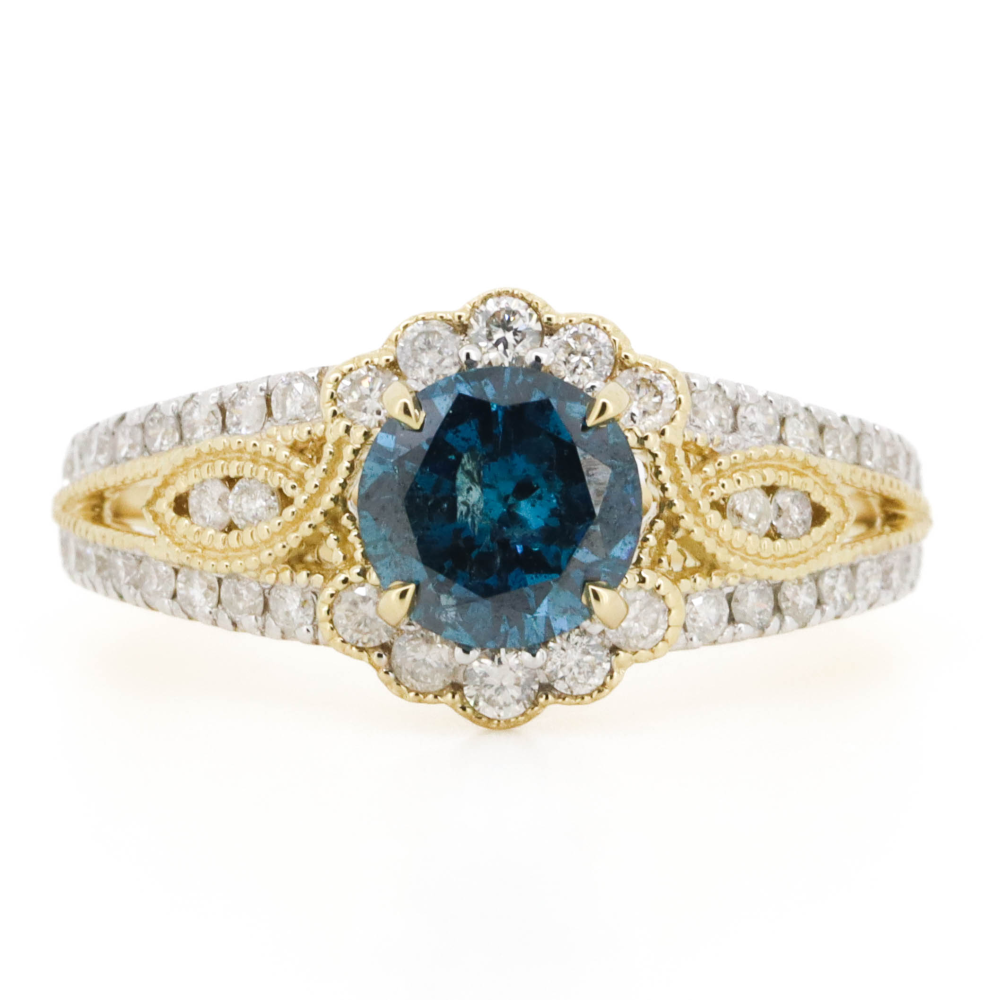 Yellow Gold Fancy Blue Diamond Halo Filigree Ring