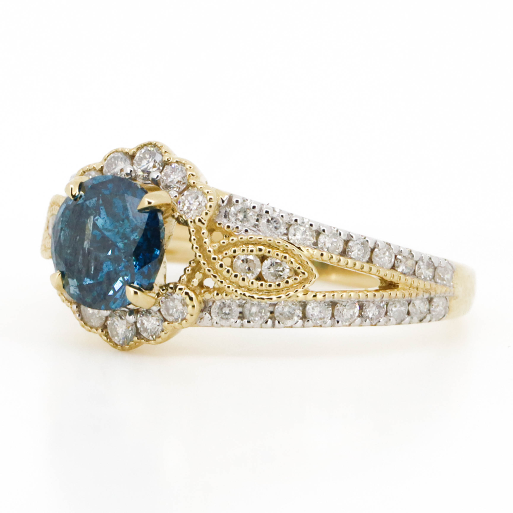 Yellow Gold Fancy Blue Diamond Halo Filigree Ring