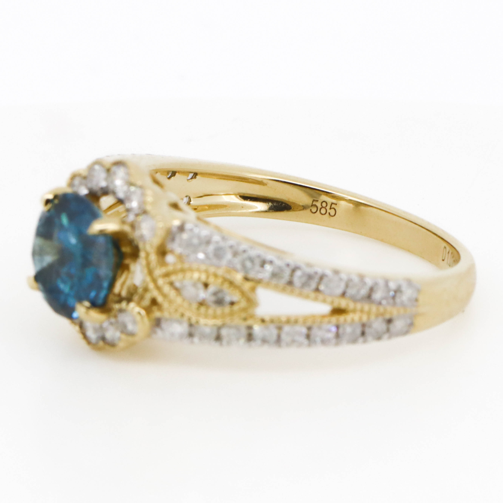 Yellow Gold Fancy Blue Diamond Halo Filigree Ring