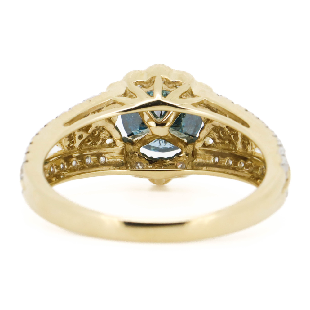 Yellow Gold Fancy Blue Diamond Halo Filigree Ring