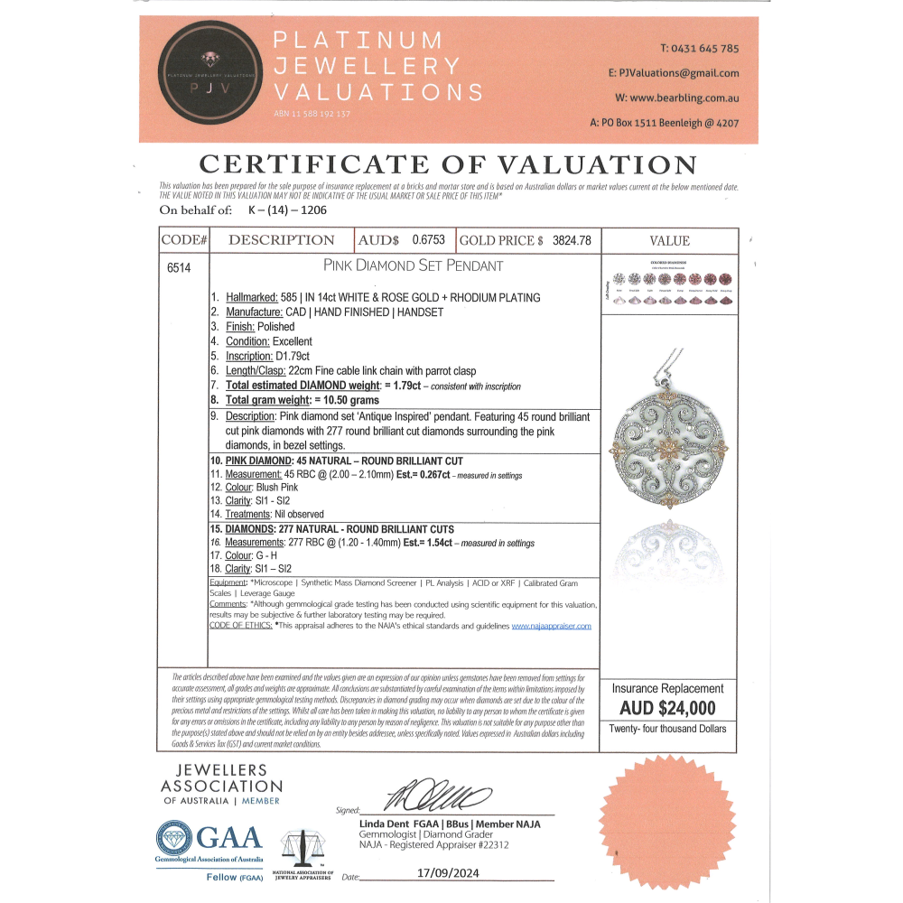 White & Rose Gold Pink and White Diamond Filigree Pendant