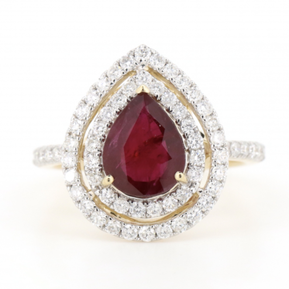 Yellow Gold Ruby & Diamond Double Halo Ring – Pear Cut Elegance