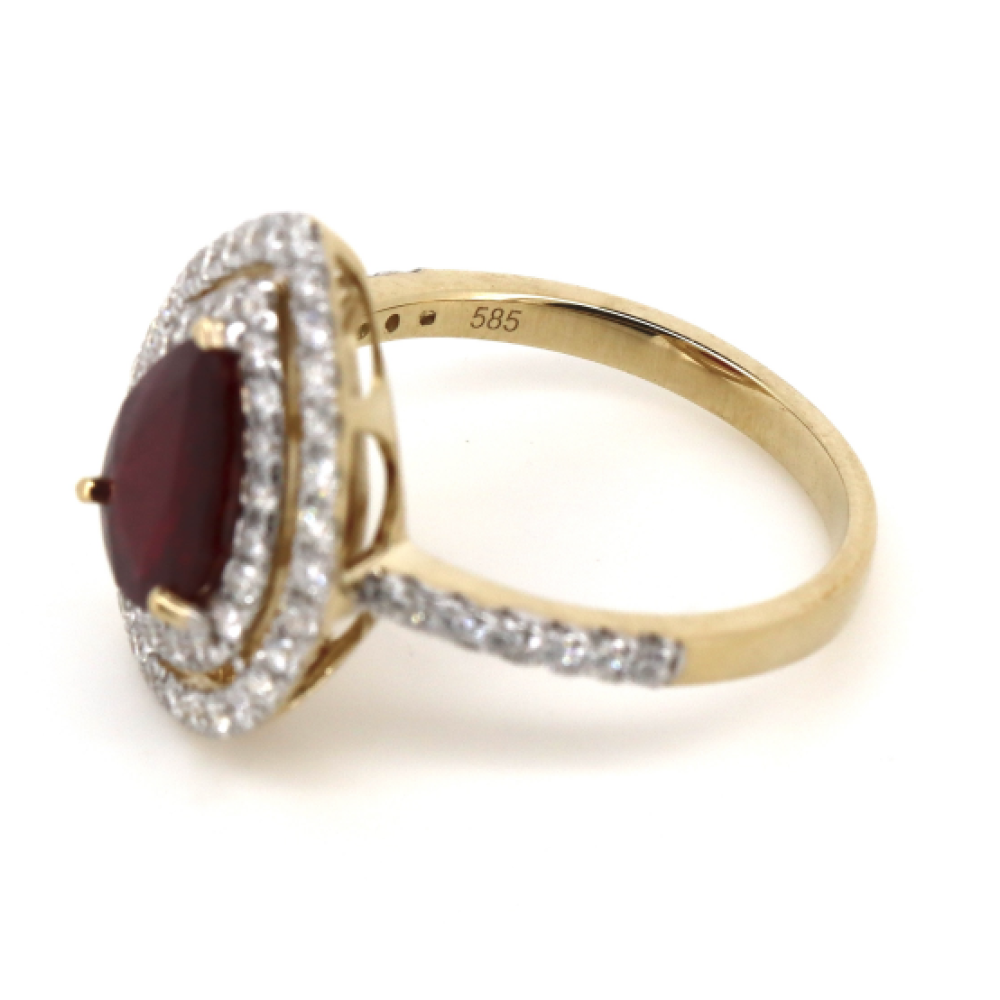 Yellow Gold Ruby & Diamond Double Halo Ring – Pear Cut Elegance