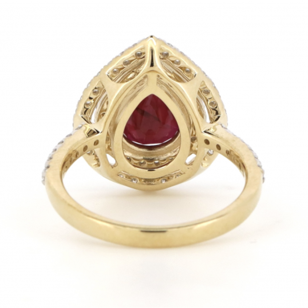 Yellow Gold Ruby & Diamond Double Halo Ring – Pear Cut Elegance