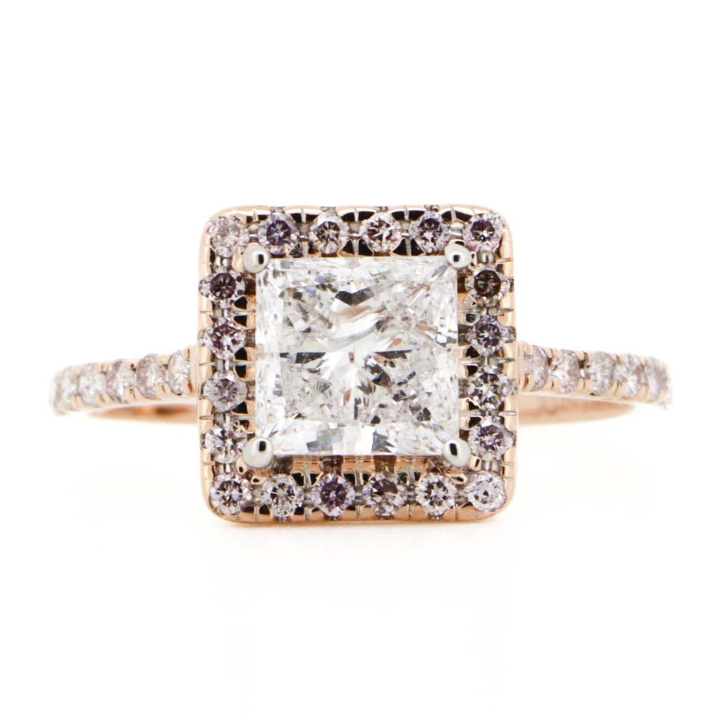 1.51ct Princess Cut Diamond with Pink Diamond Halo Ring