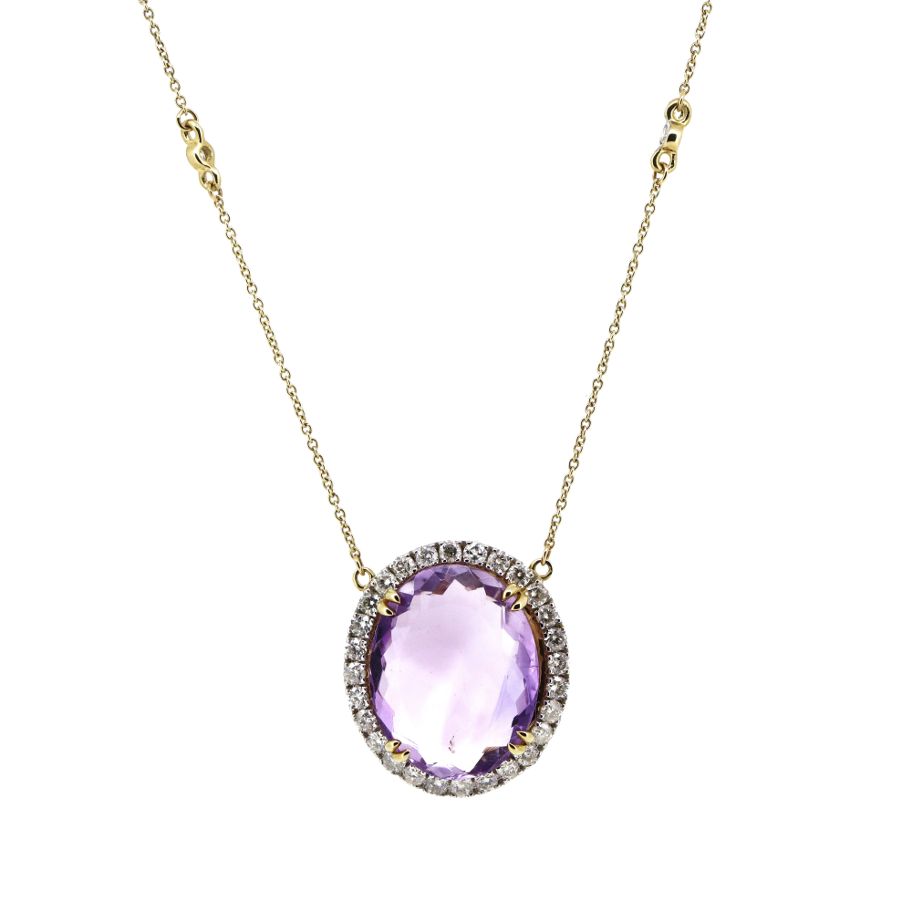 9.99ct 10K Yellow Gold Amethyst and Diamond Halo Pendant Necklace