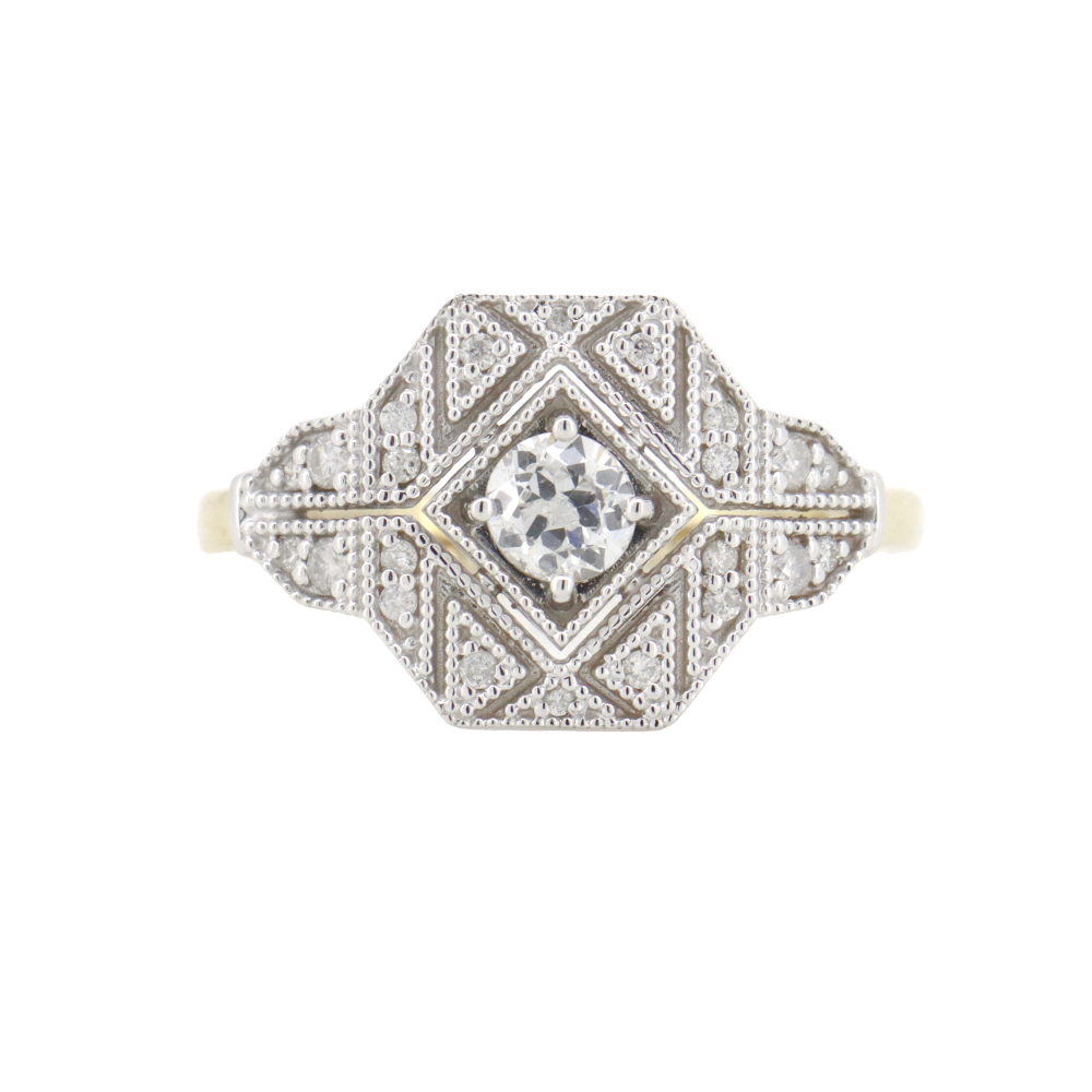 Yellow and White Gold Diamond Art Deco Inspired Ring