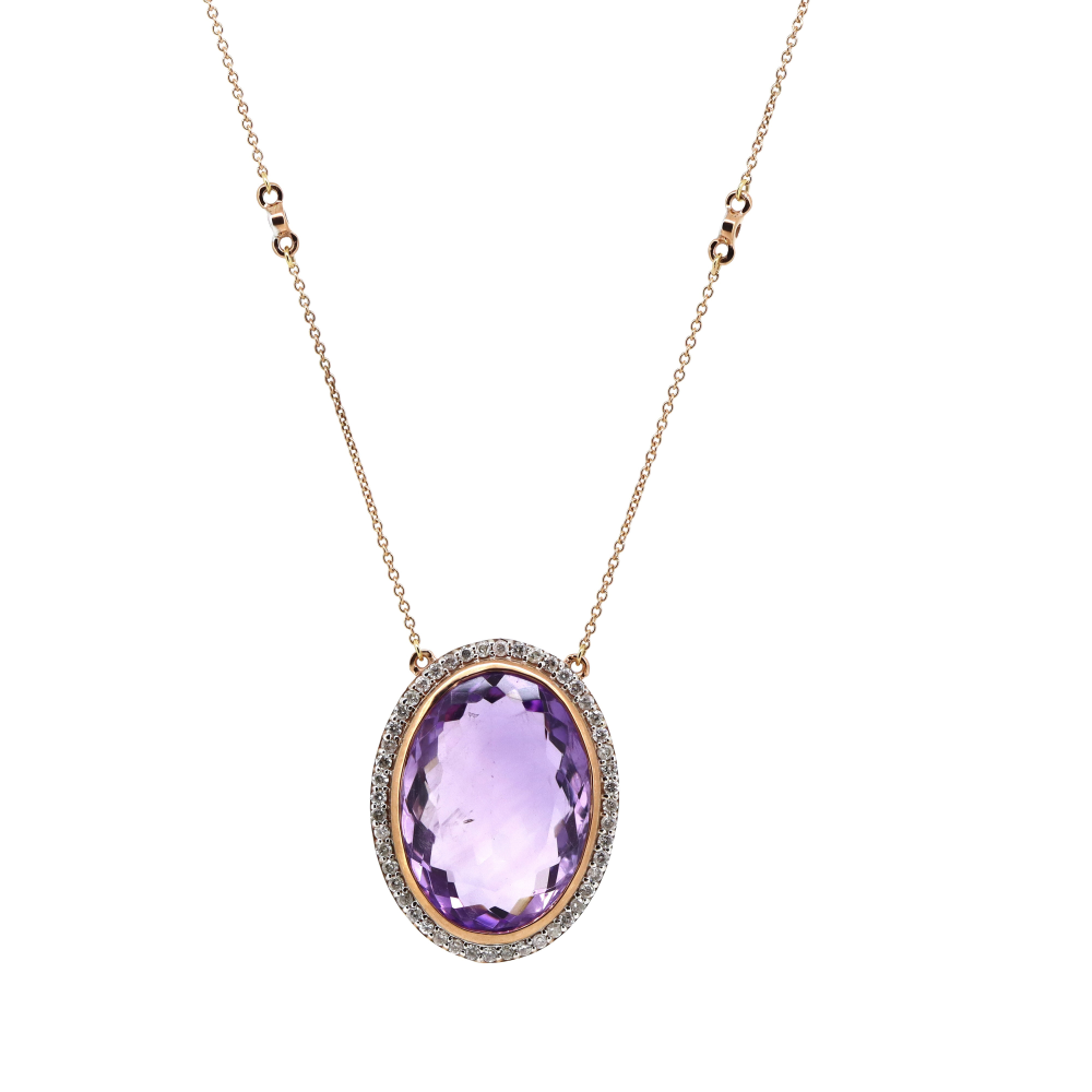10K Rose Gold, 16.10ct Amethyst and Diamond, Halo Necklace
