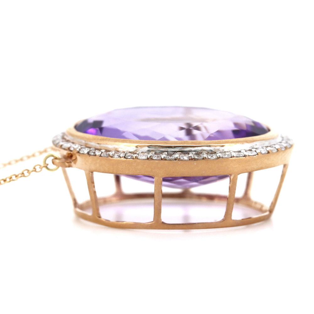 10K Rose Gold, 16.10ct Amethyst and Diamond, Halo Necklace
