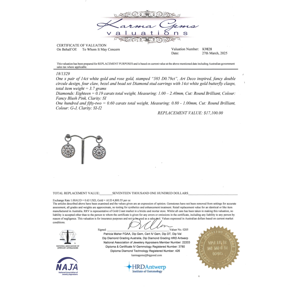 White/Rose Gold Blush Pink Diamond Art Deco Drop Earrings