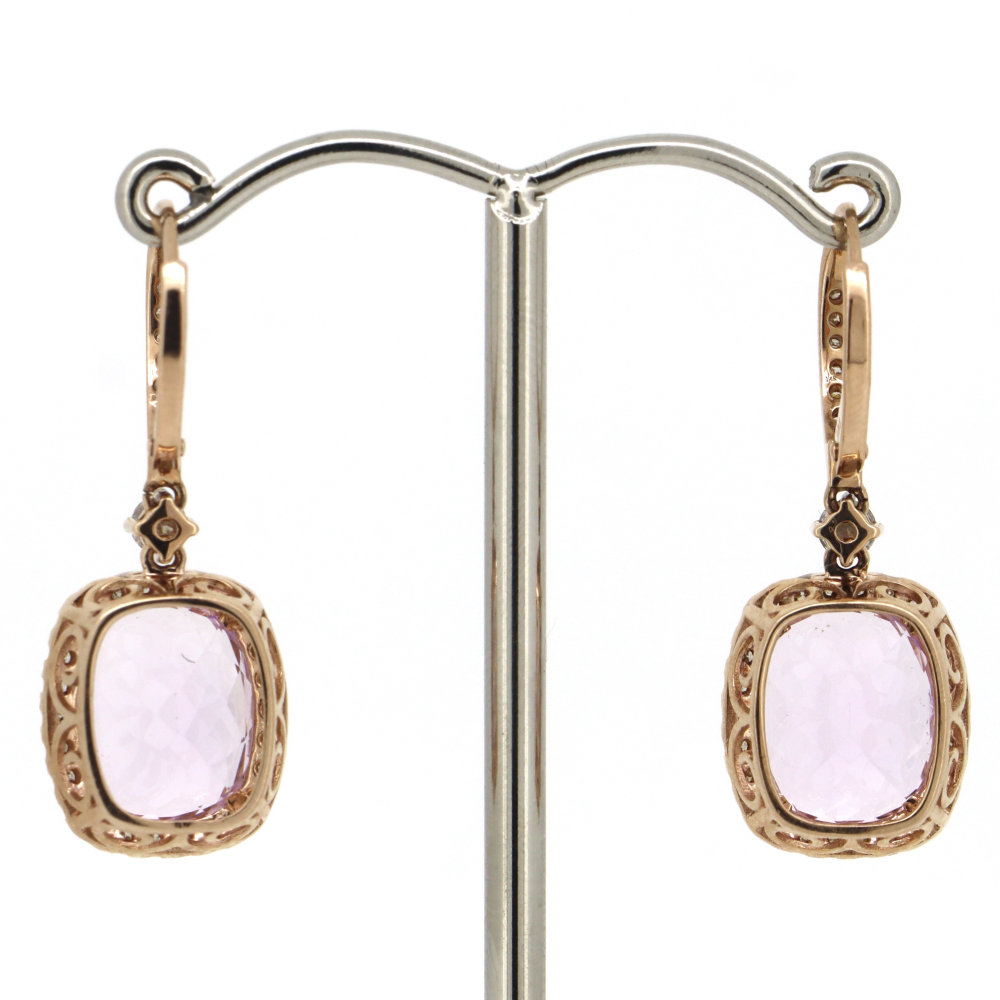 Rose Gold, Kunzite and Diamond, Halo Drop Earrings