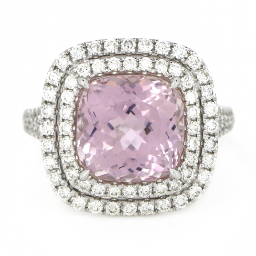5.44ct White Gold, Kunzite and Diamond, Double Halo Ring