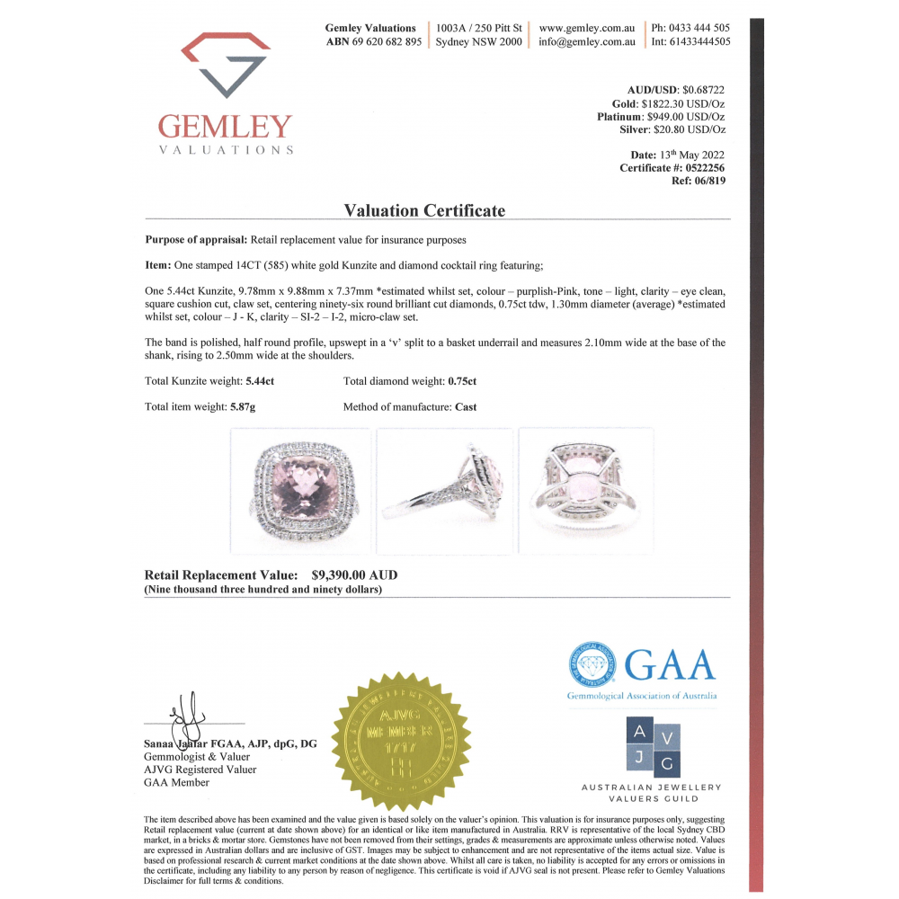 5.44ct White Gold, Kunzite and Diamond, Double Halo Ring