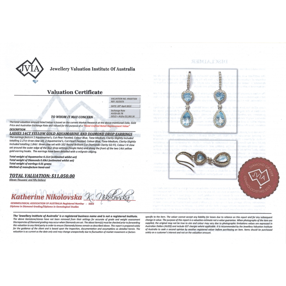 Yellow Gold, Heart and Pear cut Aquamarine and Diamond, Halo Drop Earrings