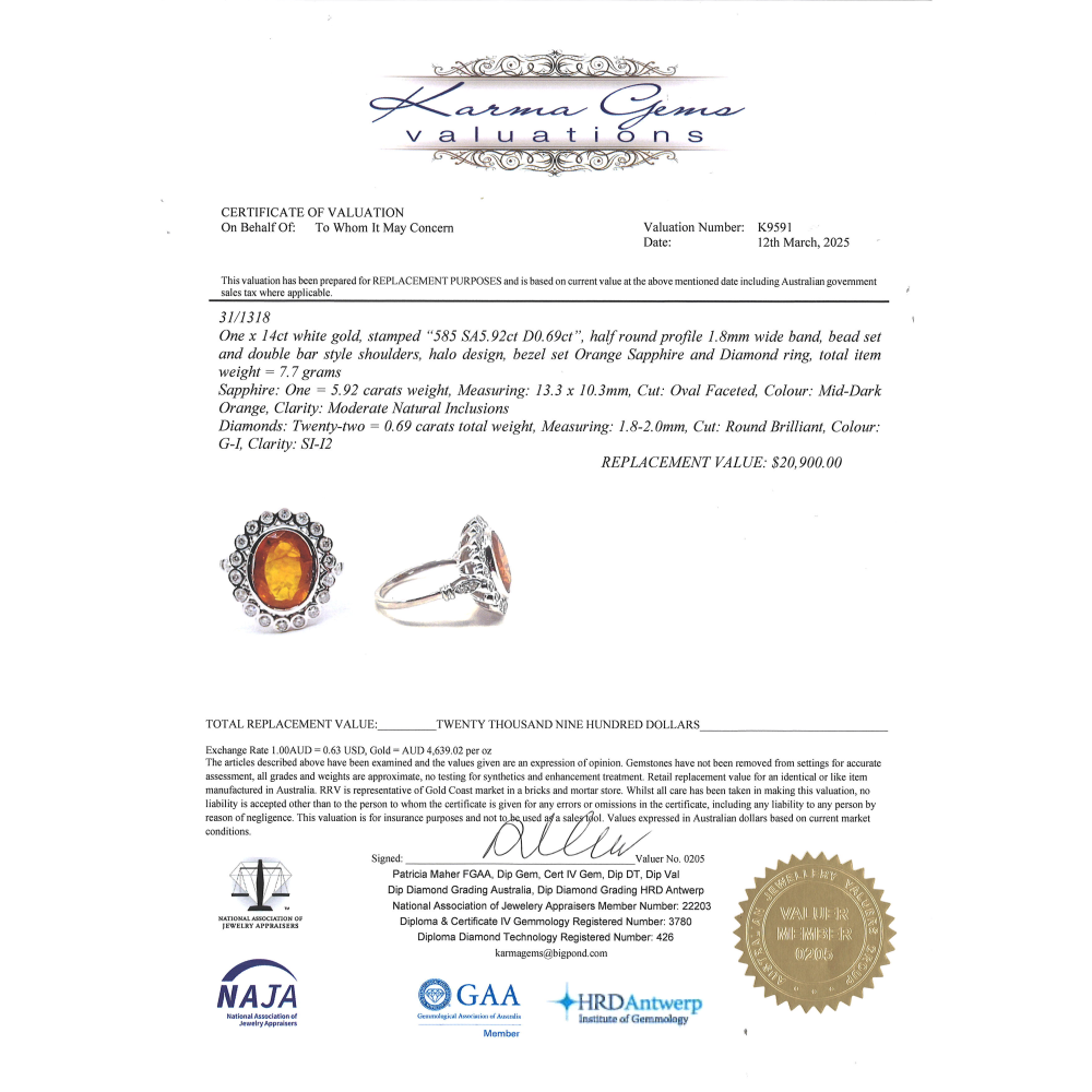 White Gold Orange Sapphire and Diamond Antique Inspired Halo Ring