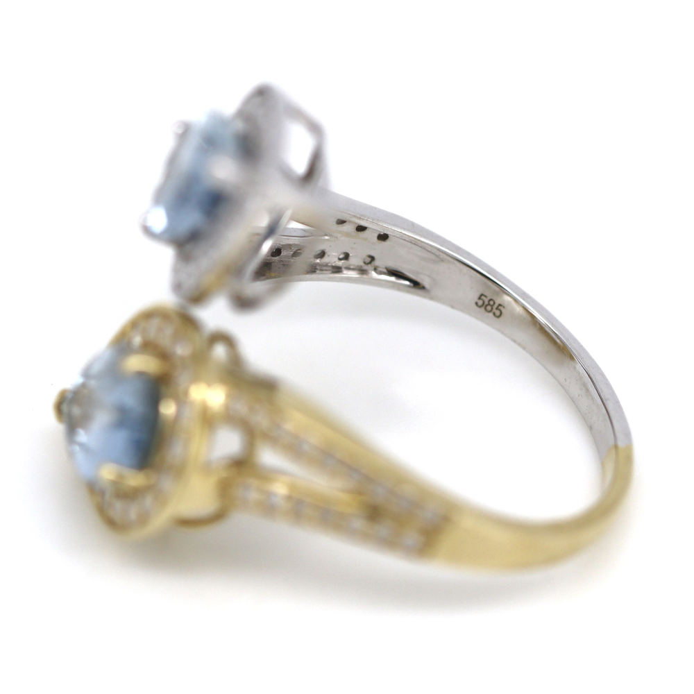 Yellow/White Gold, Pear Cut Aquamarine and Diamond, Open Band Dress Ring