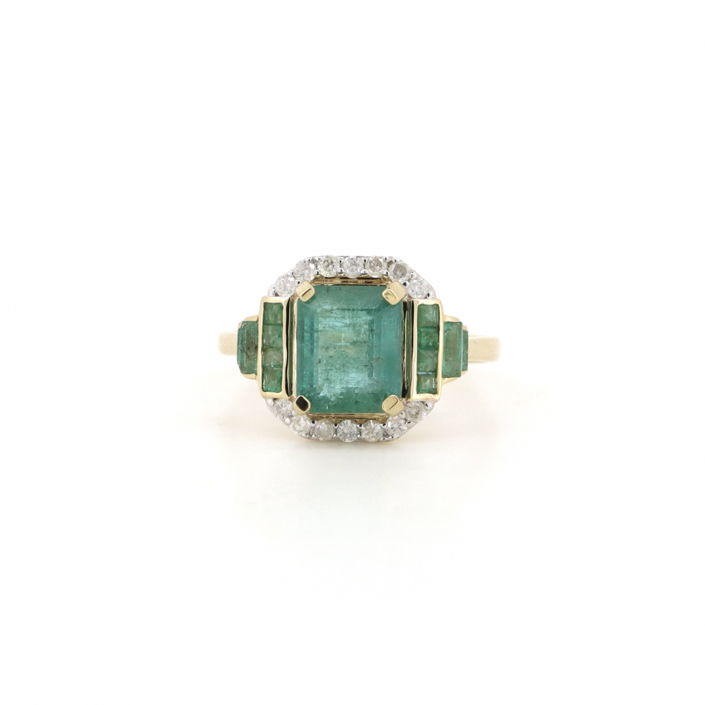 2.62ct Yellow Gold Emerald and Diamond Art Deco Style Ring