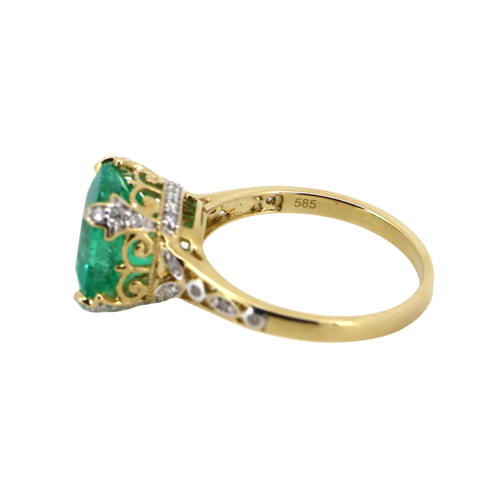 Rhodium-Plated Colombian Emerald and Diamond Vintage-Inspired Ring