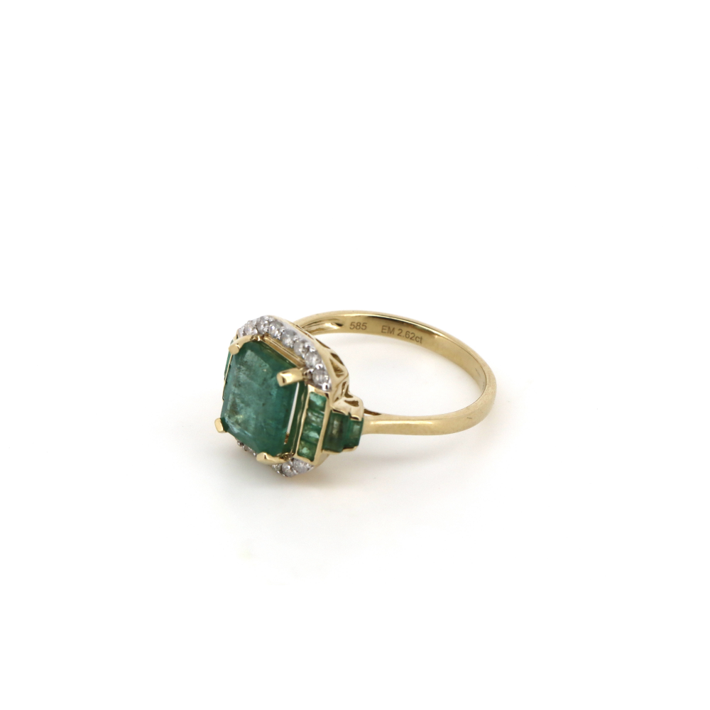 2.62ct Yellow Gold Emerald and Diamond Art Deco Style Ring