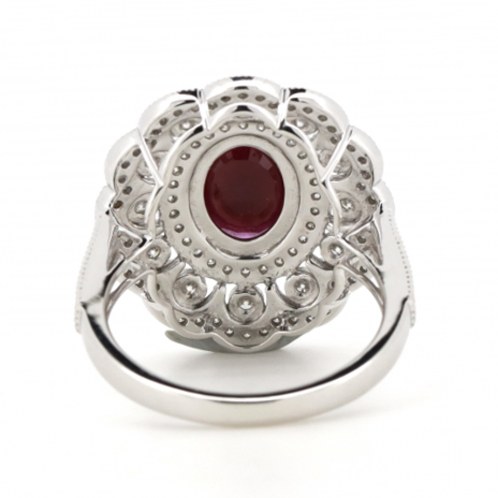 White Gold Ruby & Diamond Double Halo Statement Ring – Oval Cut Elegance