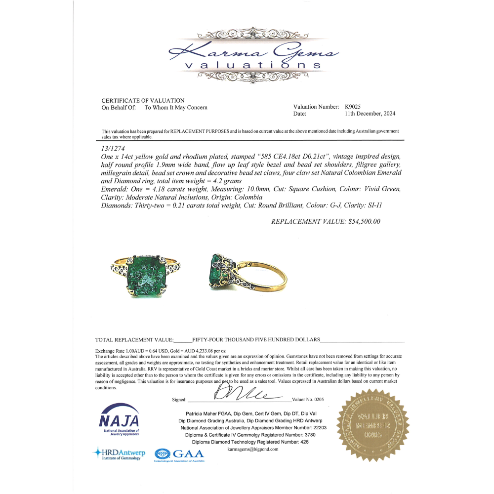 Rhodium-Plated Colombian Emerald and Diamond Vintage-Inspired Ring