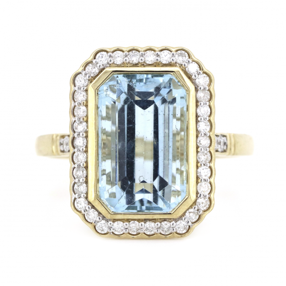 4.13ct Yellow Gold, Aquamarine and Diamond, Halo Ring
