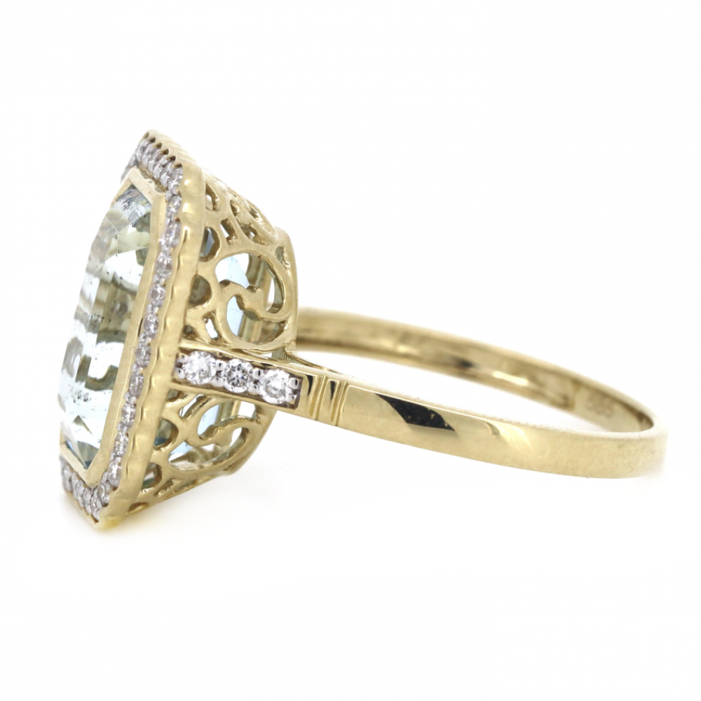 4.13ct Yellow Gold, Aquamarine and Diamond, Halo Ring