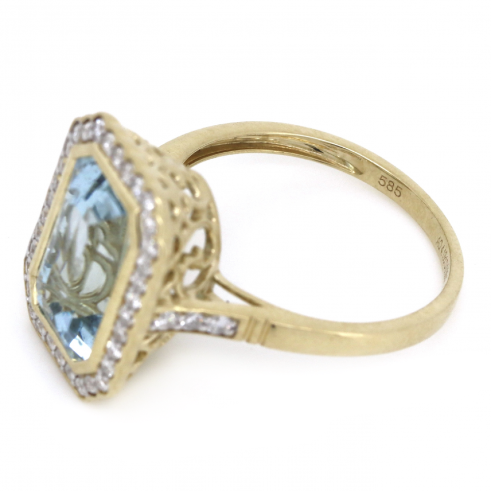 4.13ct Yellow Gold, Aquamarine and Diamond, Halo Ring