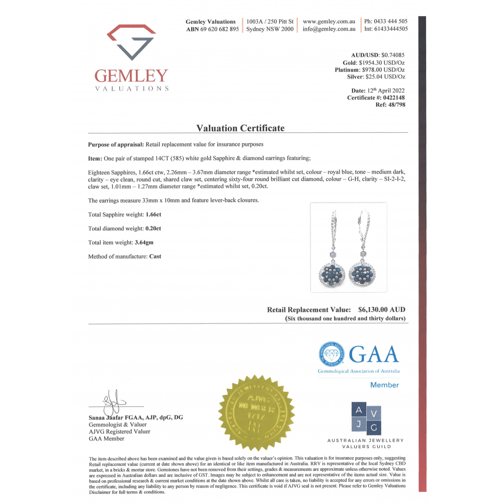 White Gold Blue Sapphire & Diamond Antique-Style Drop Earrings