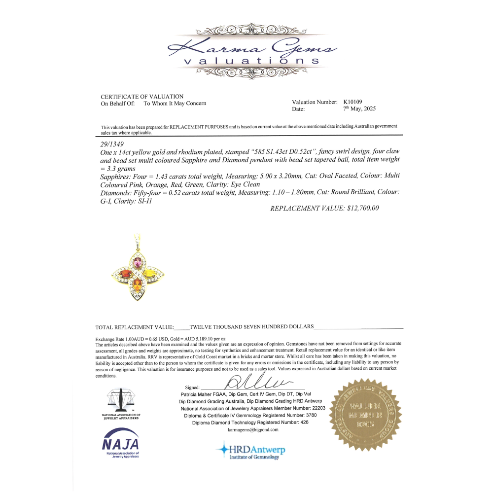 Yellow Gold Multi-Coloured Sapphire & Diamond Pendant
