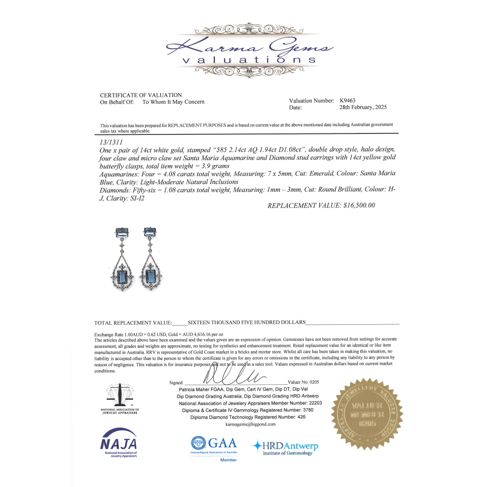 White Gold, Santa Maria Blue Aquamarine and Diamond, Drop Earrings
