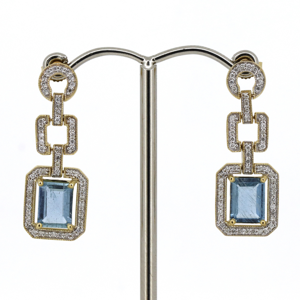 Yellow/White Gold, Emerald Cut Santa Maria Blue Aquamarine and Diamond, Drop Earrings