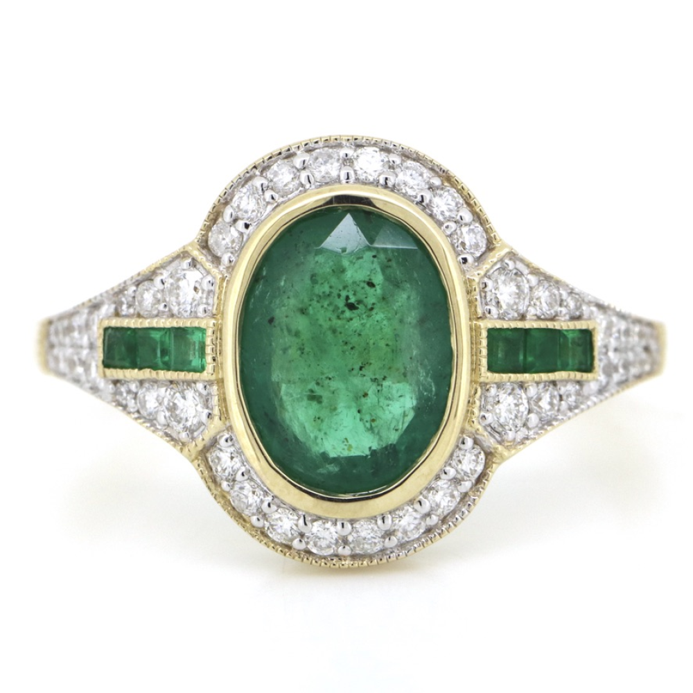 1.91ct Yellow Gold Emerald and Diamond Art Deco Inspired Halo Ring