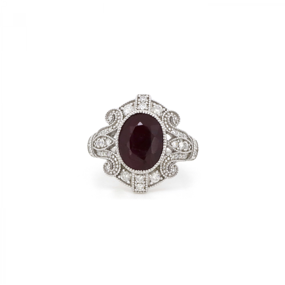 3.56ct White Gold Ruby and Diamond Vintage Inspired Ring