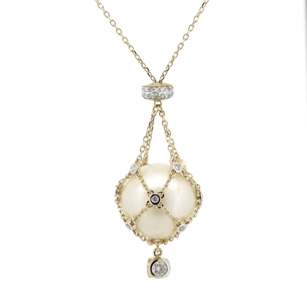 Yellow Gold White South Sea Pearl & Diamond Cage Necklace – Timeless Oceanic Elegance
