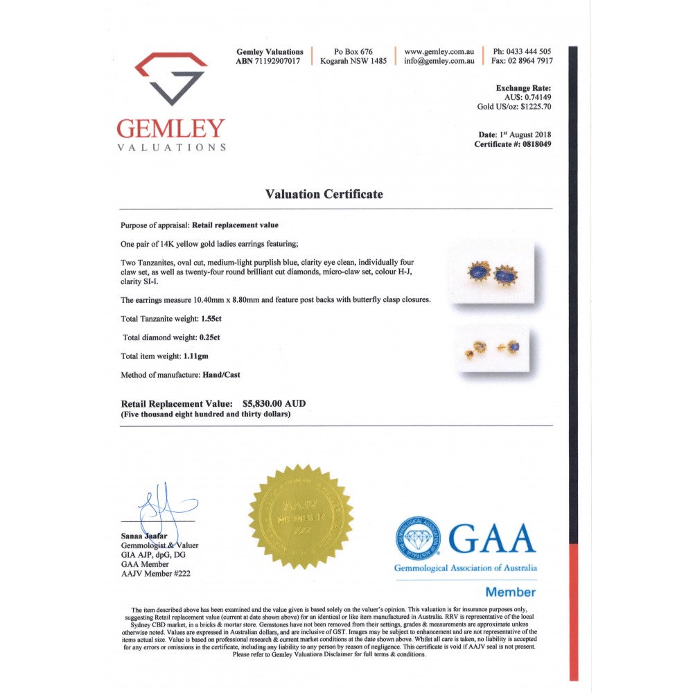 Yellow Gold Tanzanite and Diamond Antique Inspired Stud Earrings