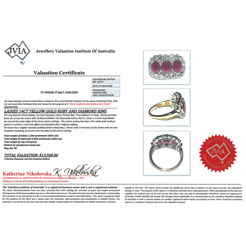 Yellow Gold Ruby and Diamond Decorative Halo Trilogy Ring