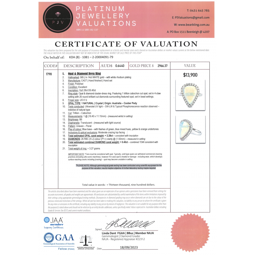 White Gold 2.28ct Coober Pedy Opal and Diamond Halo Ring