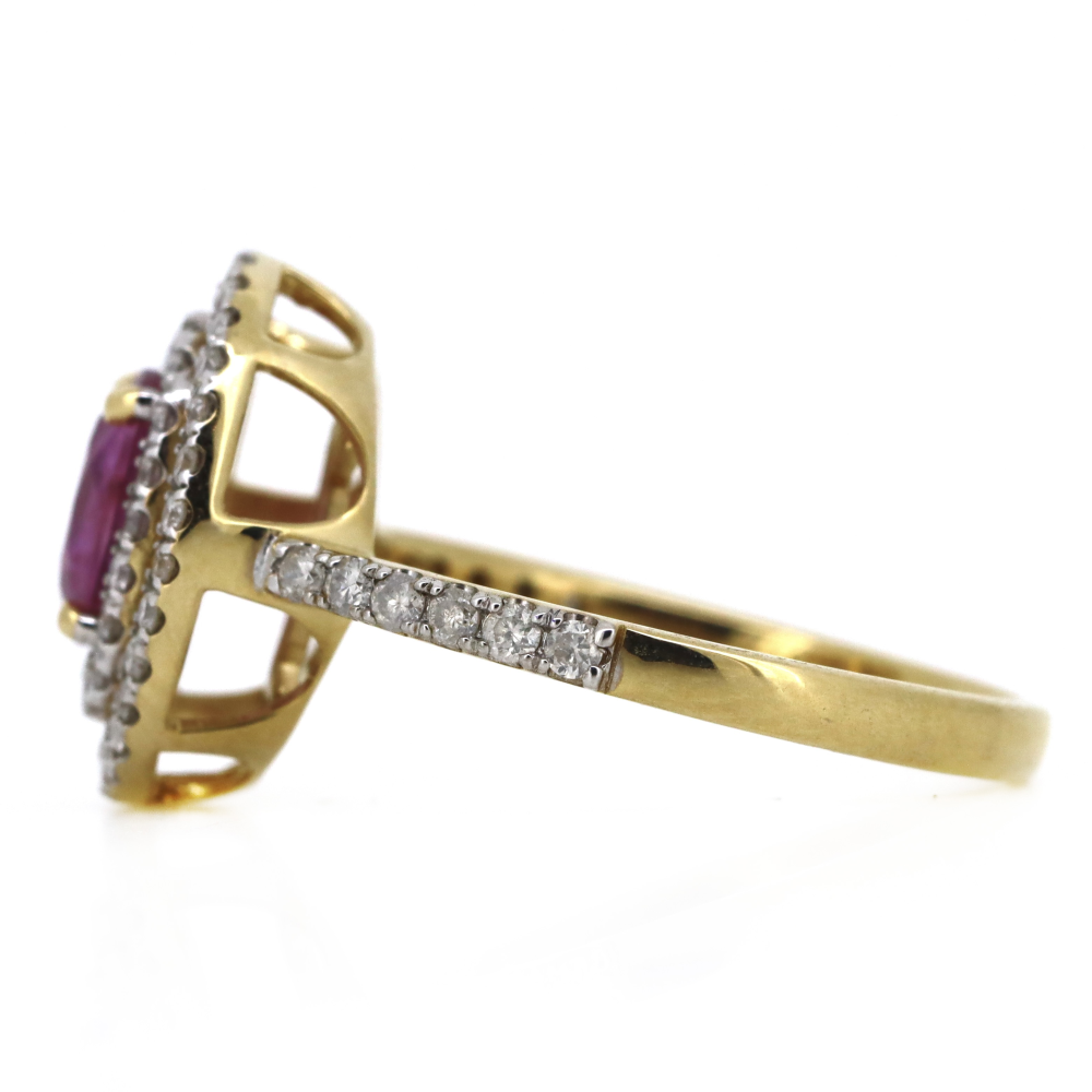 Yellow Gold, Pink Sapphire and Diamond Double Halo Ring