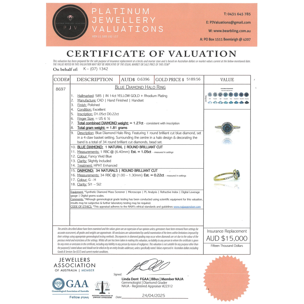 1.05ct Yellow Gold Blue Diamond and Diamond Halo Ring