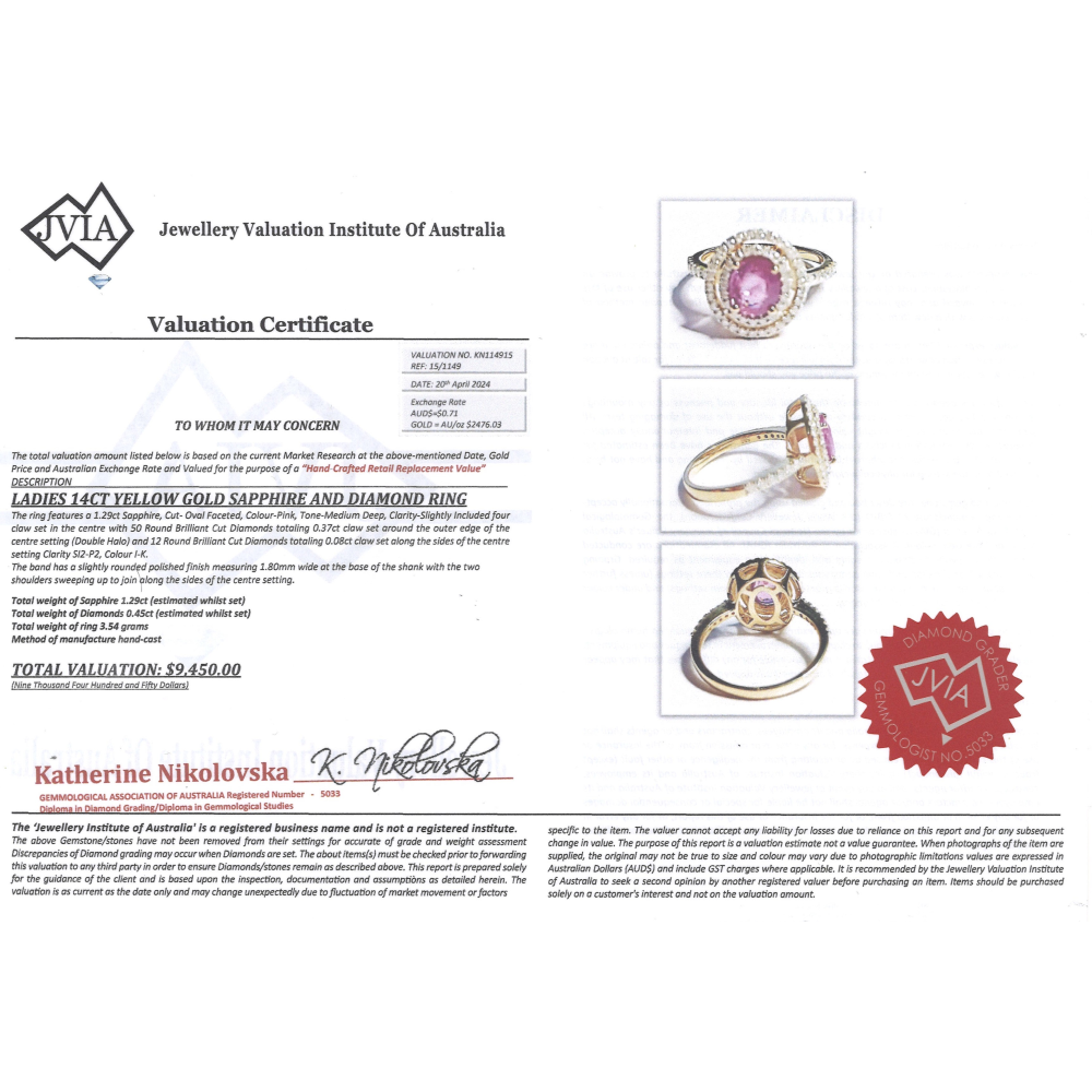 Yellow Gold, Pink Sapphire and Diamond Double Halo Ring