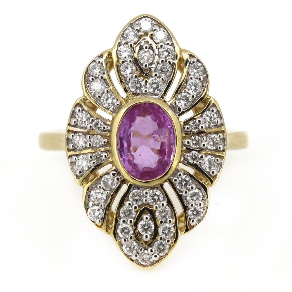 Yellow Gold, Pink Sapphire and Diamond Antique Style Ring