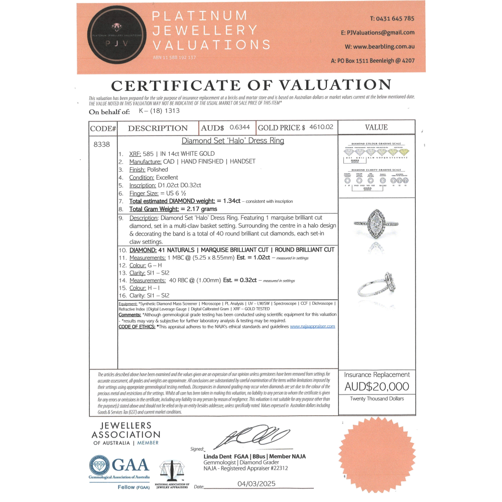 1.02ct White Gold Marquise Diamond Halo Ring