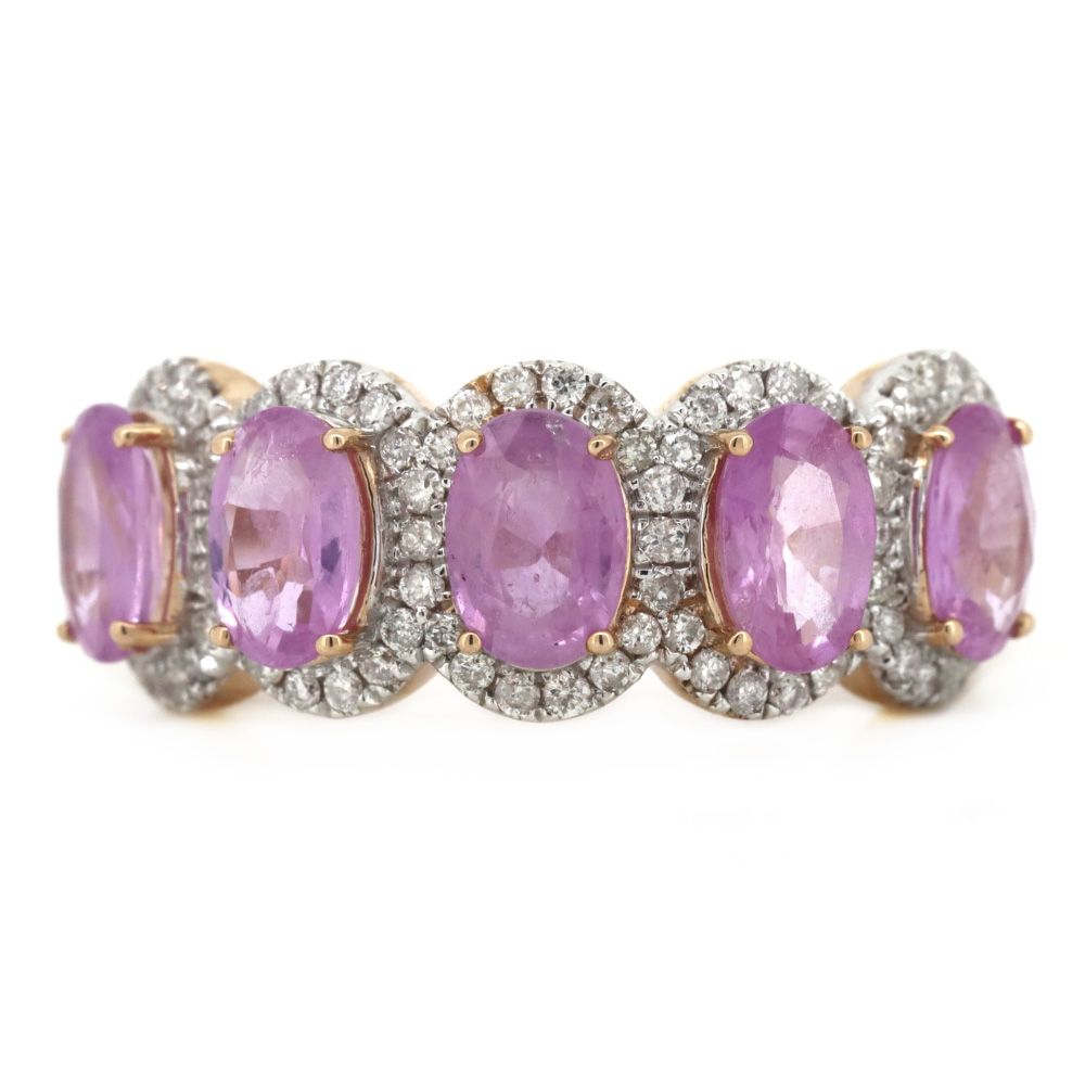 Rose Gold, Pink Sapphire and Diamond Halo Eternity Ring