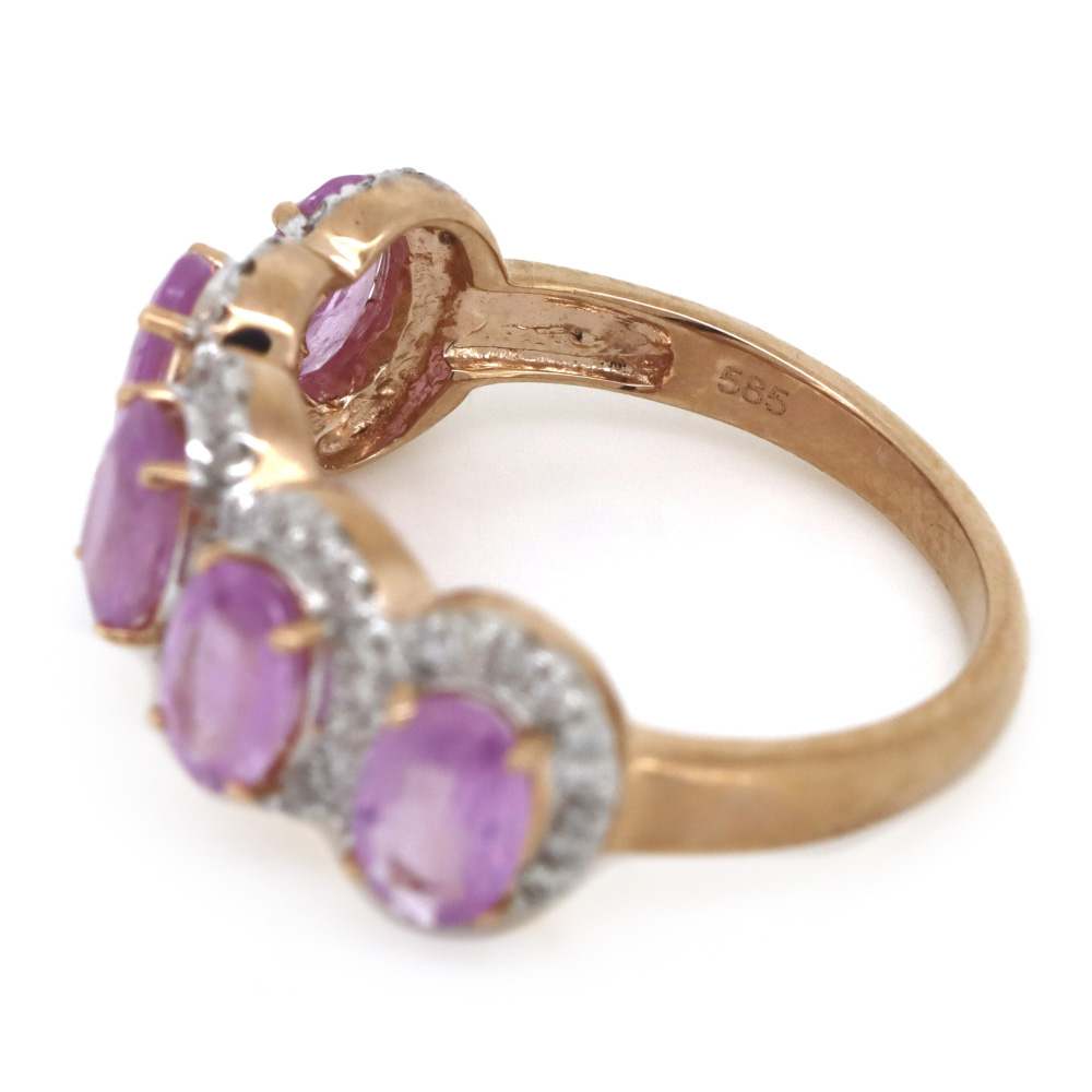 Rose Gold, Pink Sapphire and Diamond Halo Eternity Ring